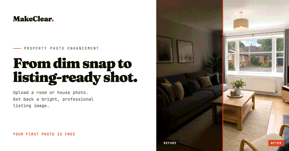 A property before and after: from a dim phone snap to a bright listing-ready shot